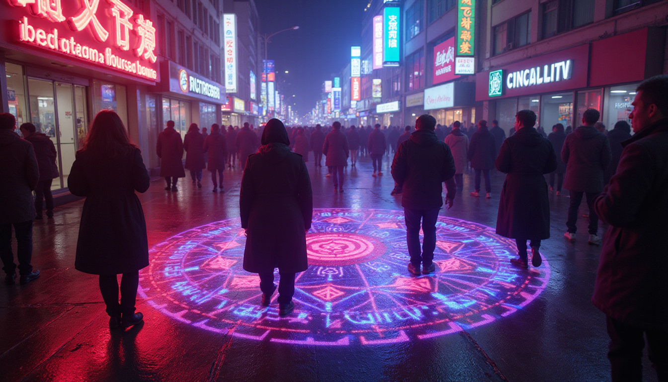 Crowd performing superstitious rituals under neon city lights, ancient runes projected onto wet pavement