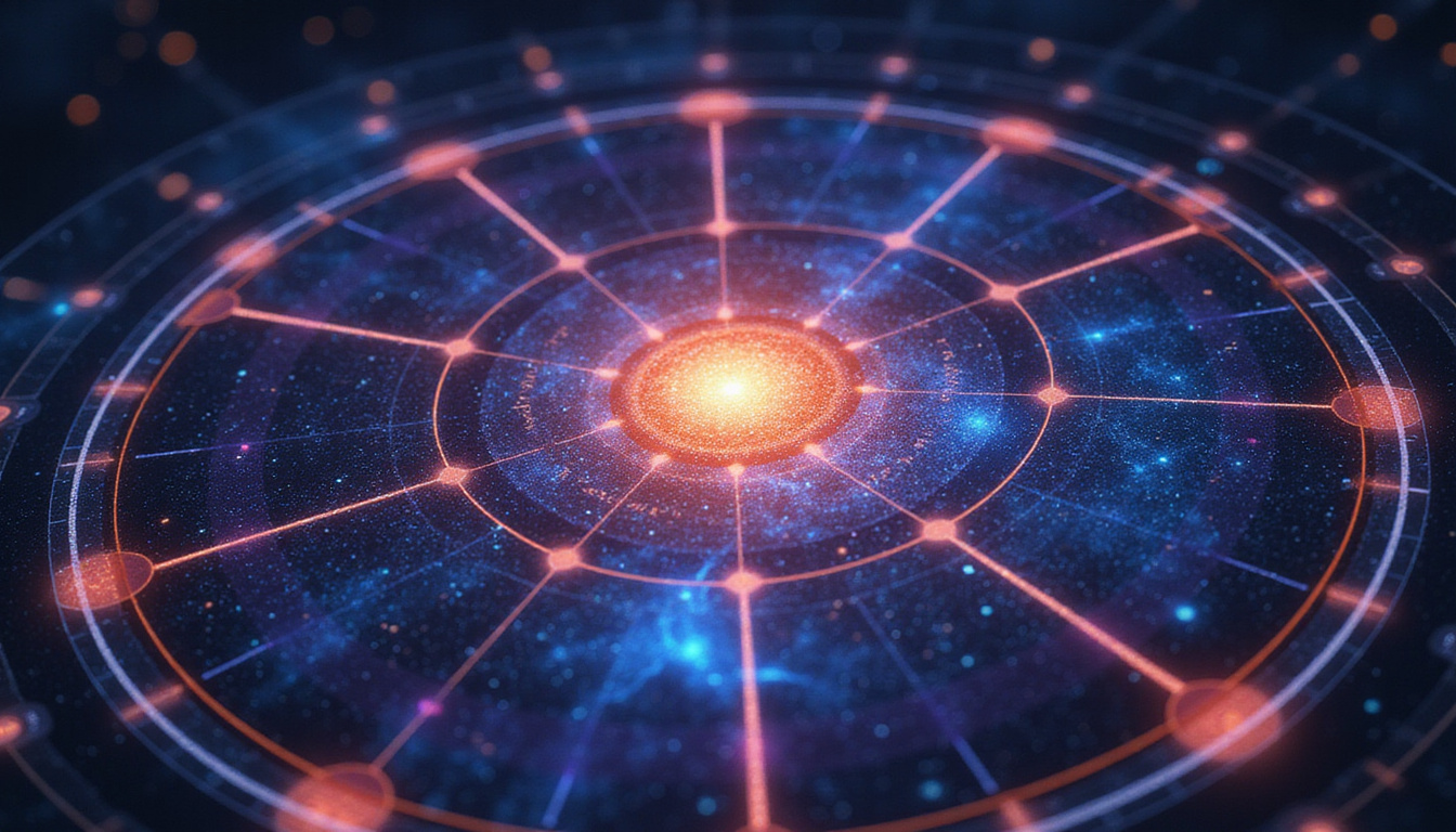 Futuristic solar return dashboard, holographic natal chart, neon constellations, secretive fingertips