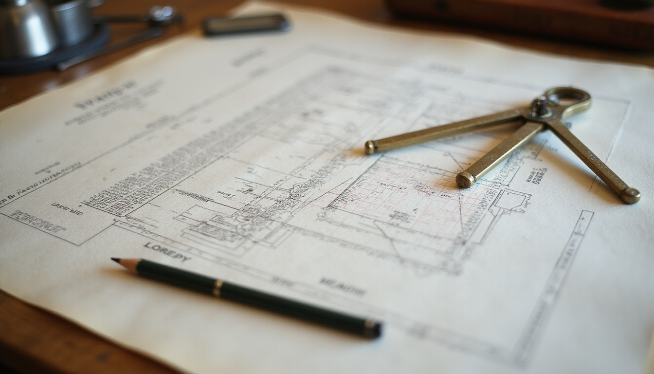 Vintage drafting table with compass and mechanical pencil, crisp grid paper, inked technical lines, shallow depth of field