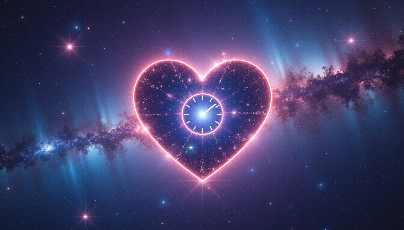Heart-shaped constellation and orbital clocks guiding growth, love, career paths in cosmic aurora