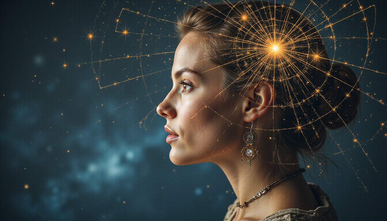 Ancient celestial map overlaying a portrait, luminous star points marking hidden destinies