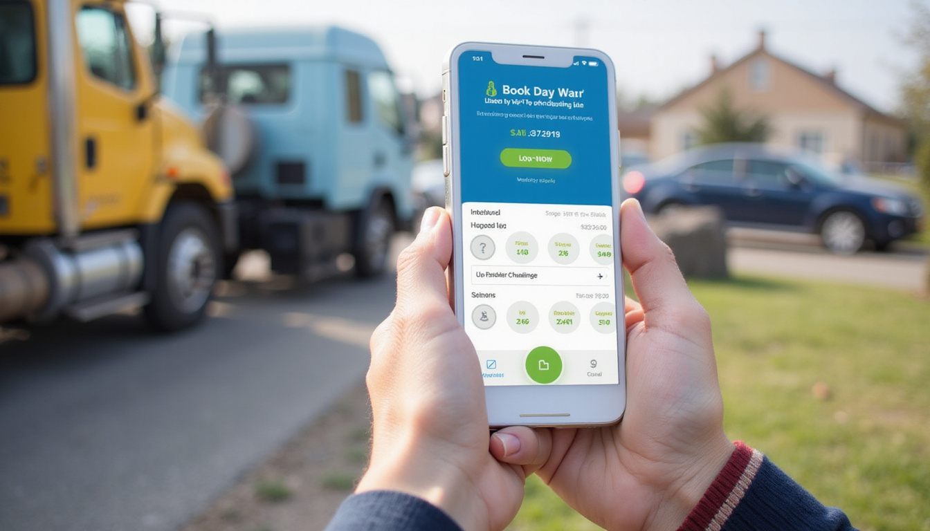 Mobile booking app displaying low price, real-time ETA, tidy yard after haul-away