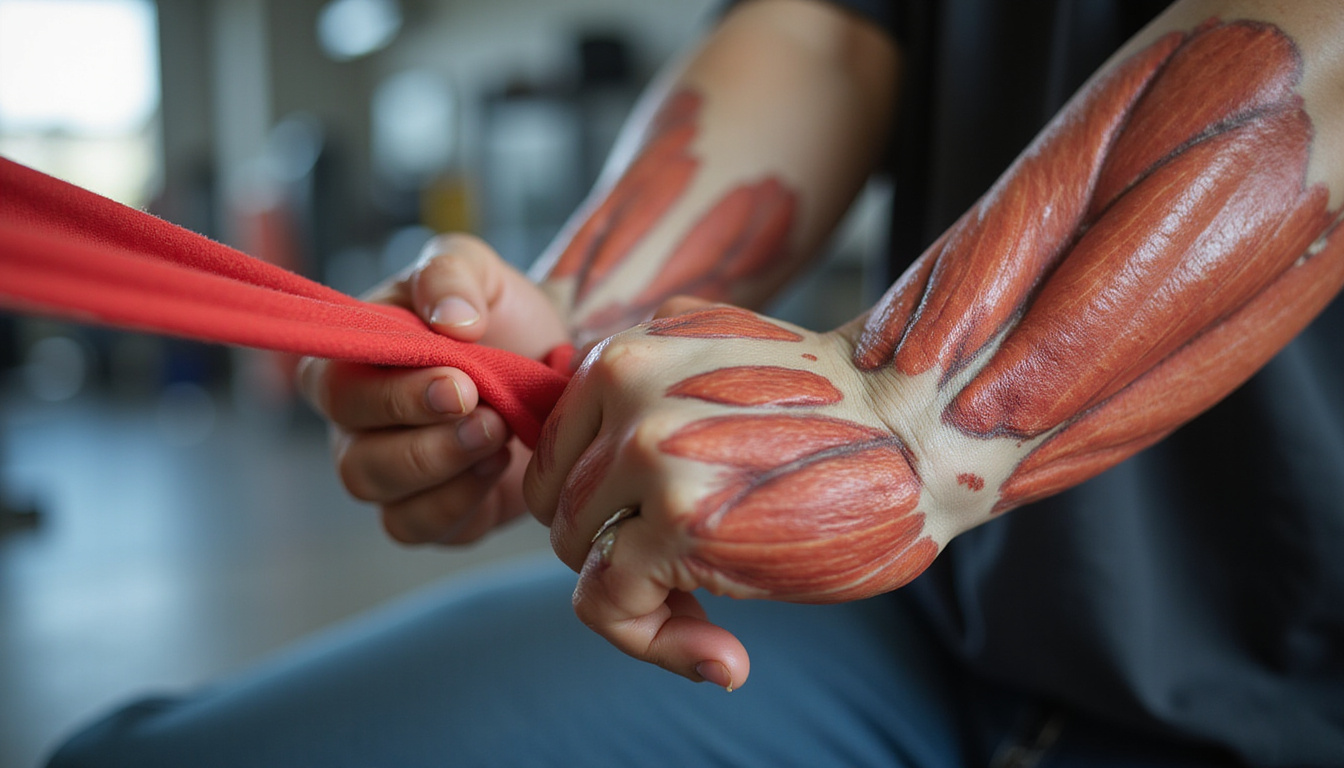  Close-up of hands applying resistance band therapy, detailed muscle fibers, medical illustration realism