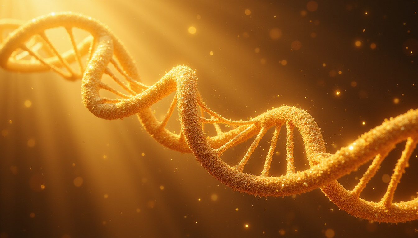  Ethereal DNA helix transforming into golden peptides revitalizing aging human, serene longevity theme