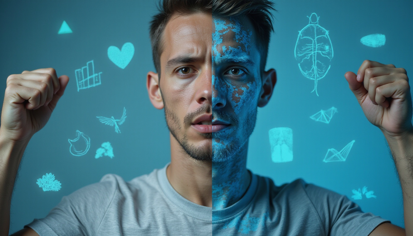  Split portrait athlete half triumphant, half anxious, medical charts and warning icons, cinematic