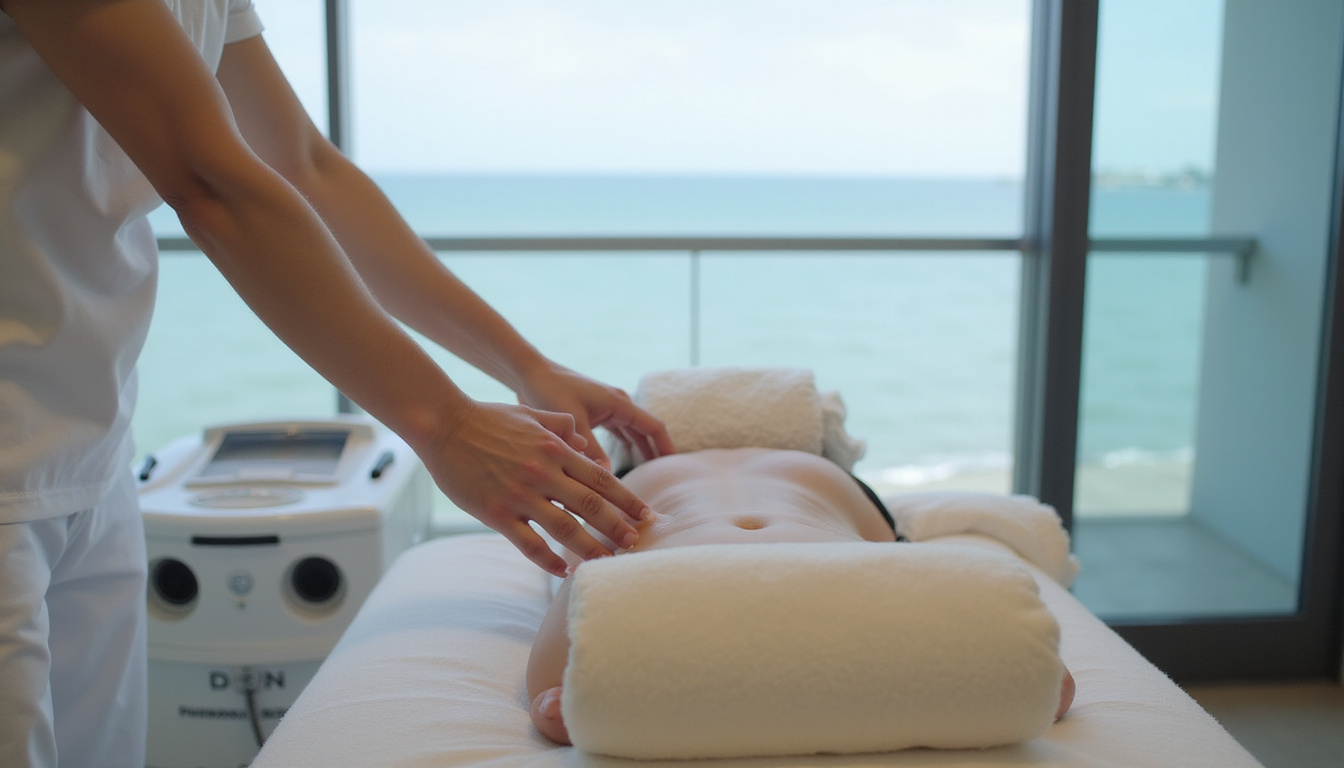 Close-up hands applying manual therapy, modern equipment, serene Singapore seaside view through window