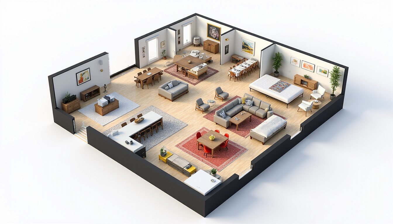  Isometric rendered floor plan, staged interiors, labeled rooms, high contrast, vibrant colors, sell-ready marketing