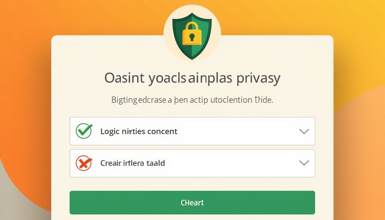  Mobile consent modal, green checkmarks, compliance checklist, transparent privacy shield, warm trustworthy tones
