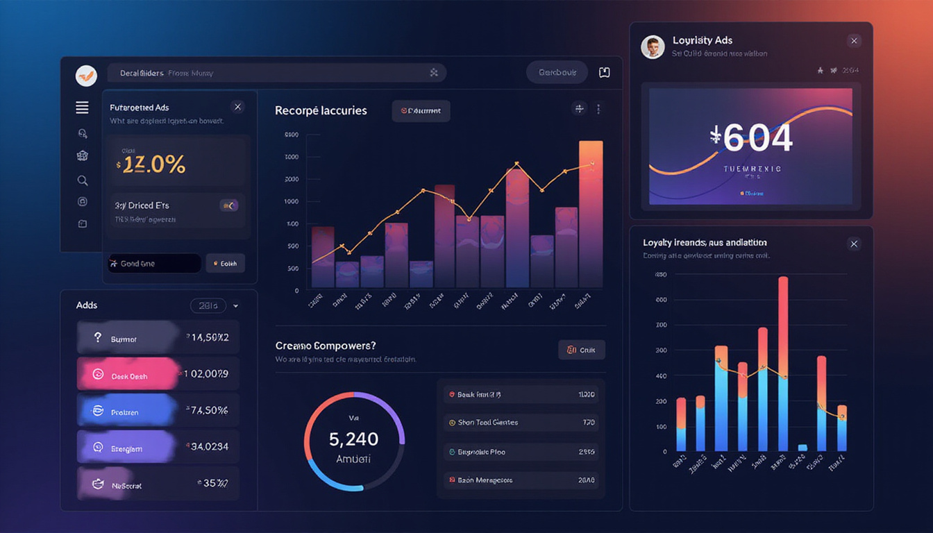  Luxury marketing dashboard overlaying revenue growth charts, targeted ads, loyalty rewards, elegant branding