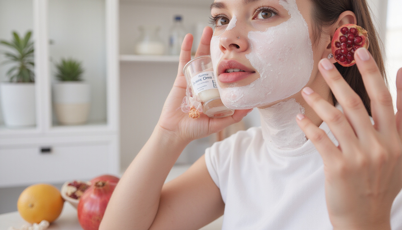 Pomegranate skincare mask application, scientist holding vial, botanical lab, wellness icons