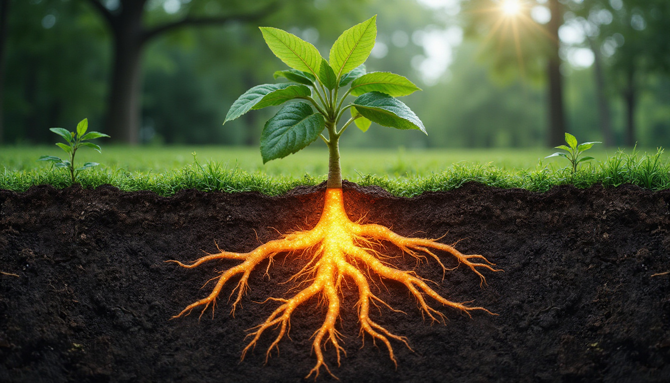  Cross section of roots glowing nutrients, accelerated trunk growth, humming irrigation, hyperreal botanical illustration
