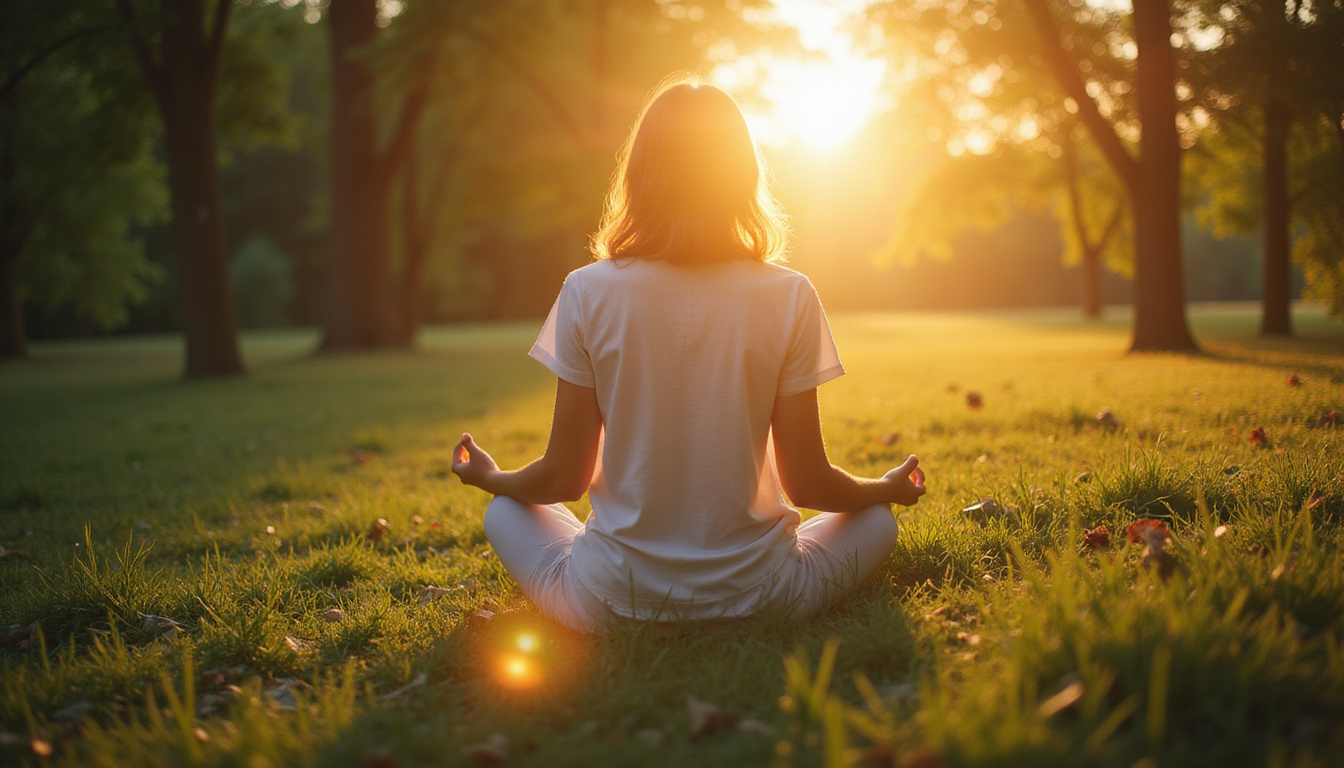  Calm person meditating in nature, glowing immune network, lab notes, soft golden light