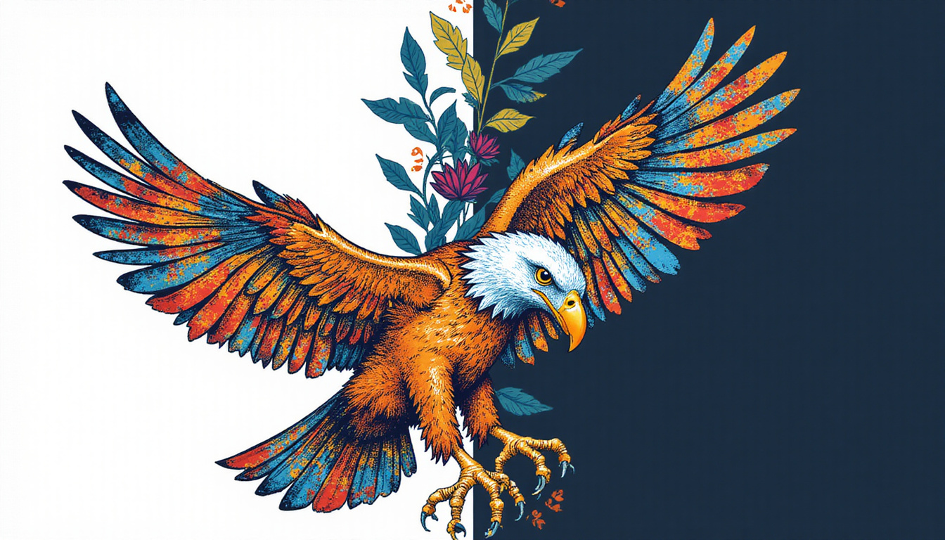  Abstract soaring eagle composed of negative space and botanical patterns, high-contrast corporate identity