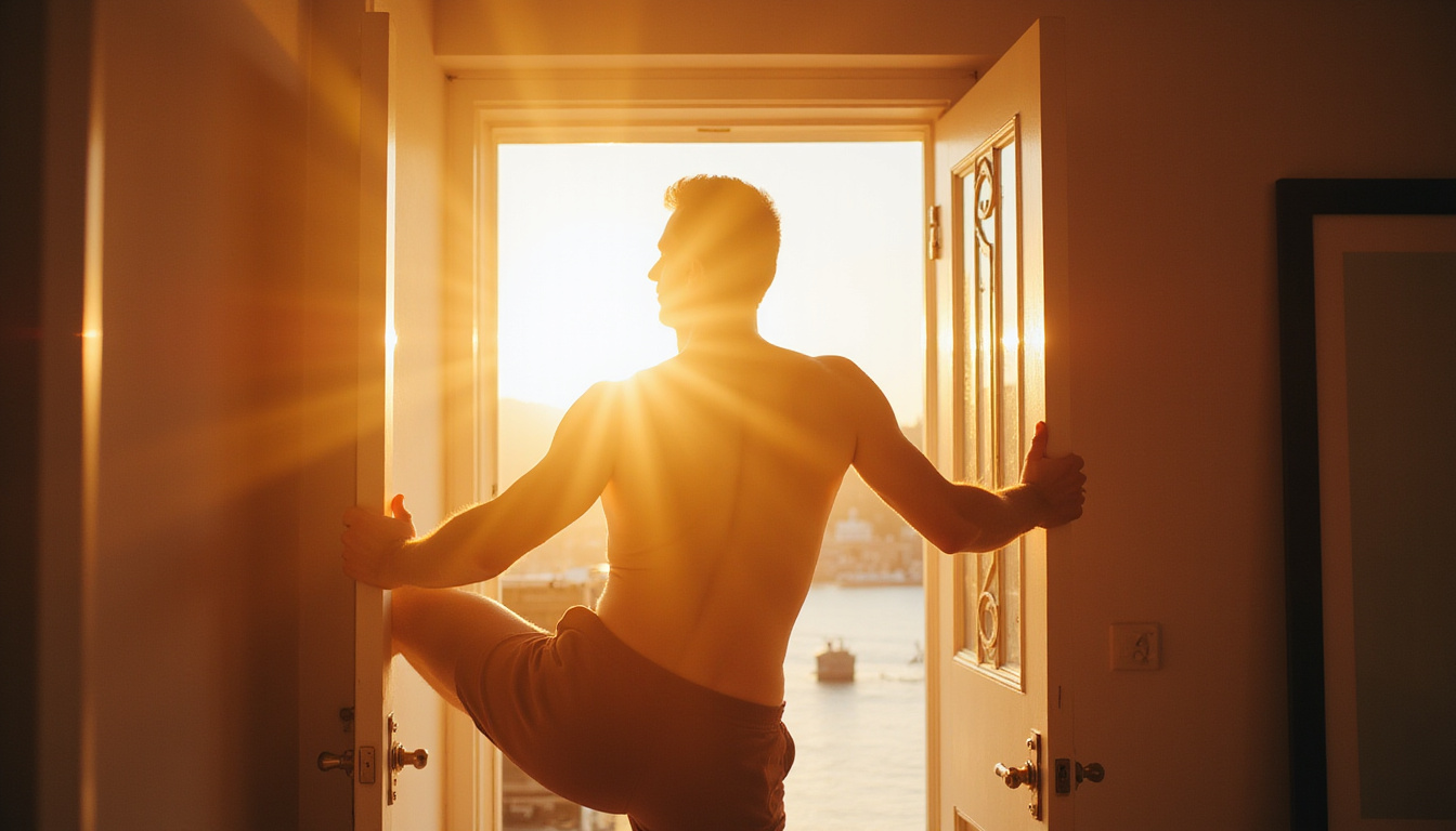  Man doing doorway pec stretch, calm home studio, warm sunlight, detailed shoulder blade focus
