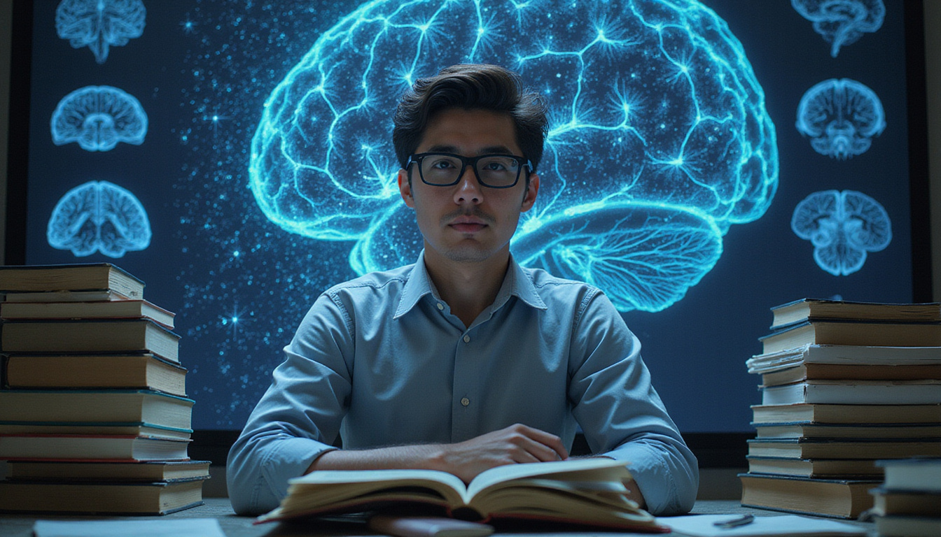  Young academic surrounded by books and neural diagrams as spectral figures weave through brain scans