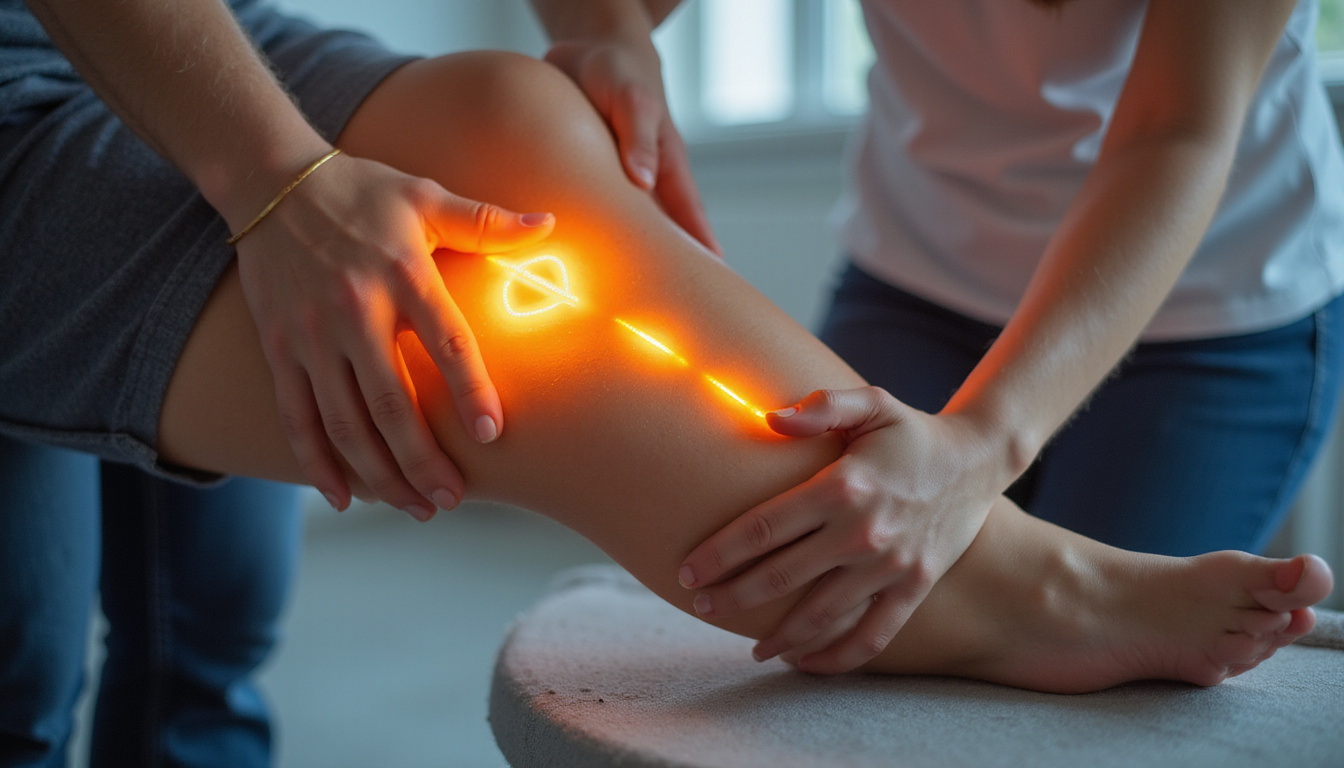 Physiotherapist assisting patient with gentle leg mobilization, motion arrows, warm healing light