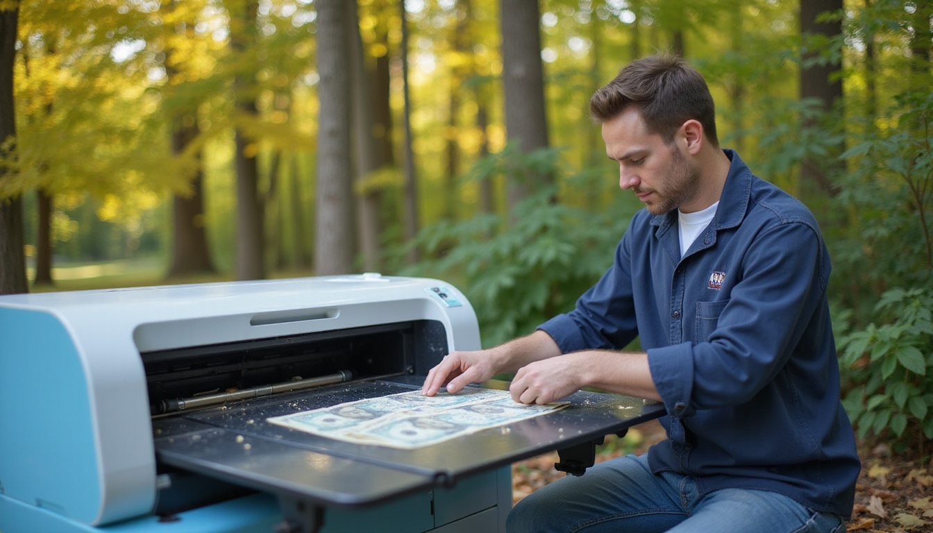 Workshop technician refurbishing inkjet, cash payment tray, solar panels, flourishing forest outside
