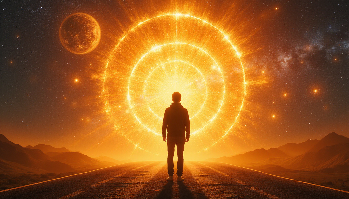 Person silhouette at crossroads illuminated by planetary transits, charts, golden timing secrets, rebirth