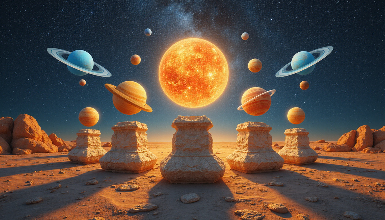 Ancient astrological tome, planets on pedestals radiating essential dignity light