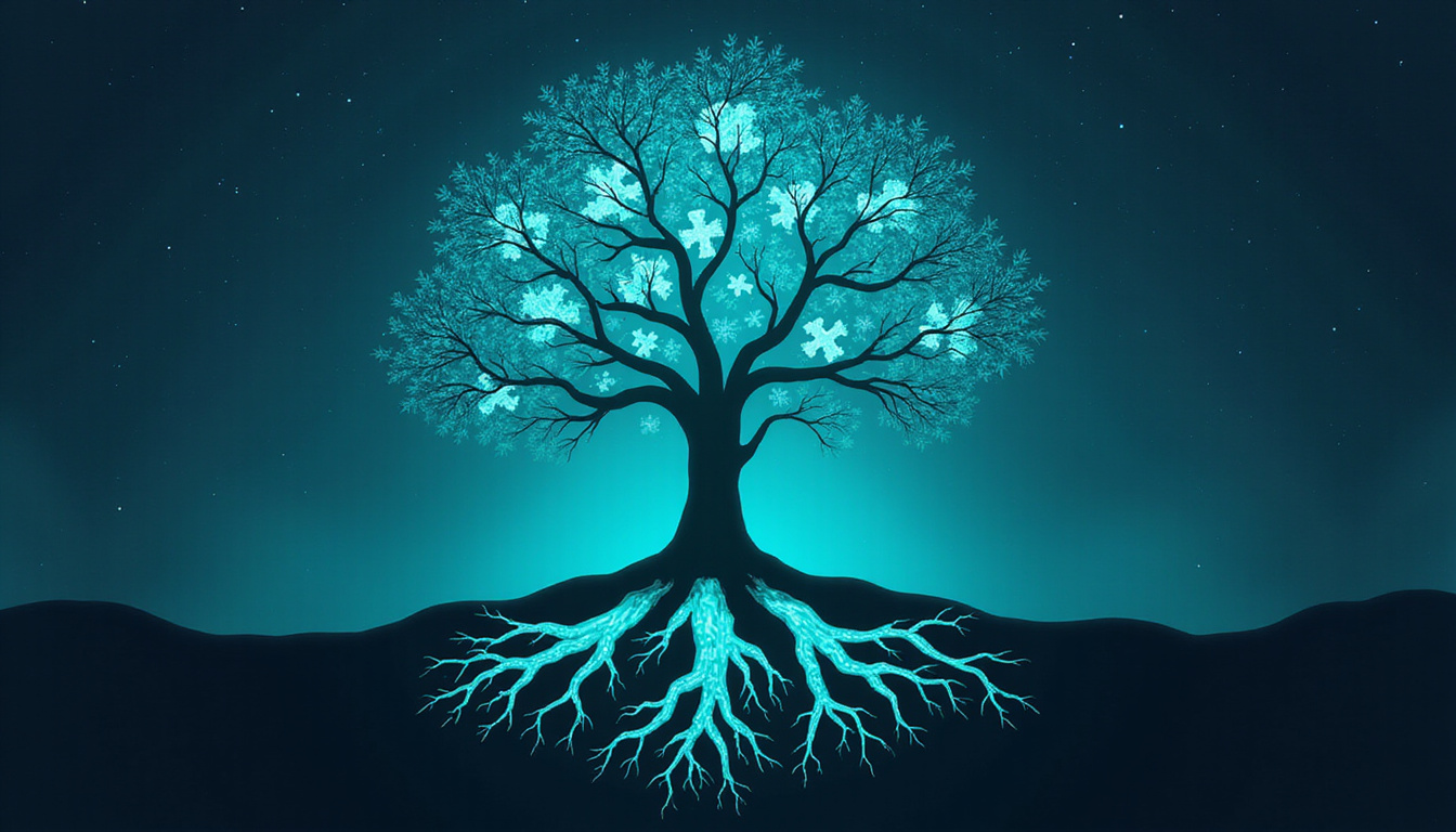 Abstract puzzle pieces forming a flourishing tree, secret traits like roots glowing turquoise