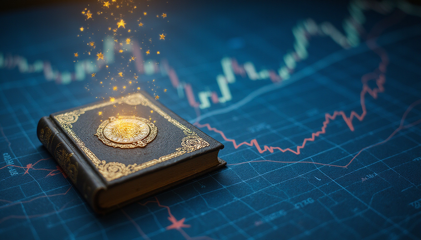  Ancient secret book of market patterns, golden annotations hovering over blue financial charts
