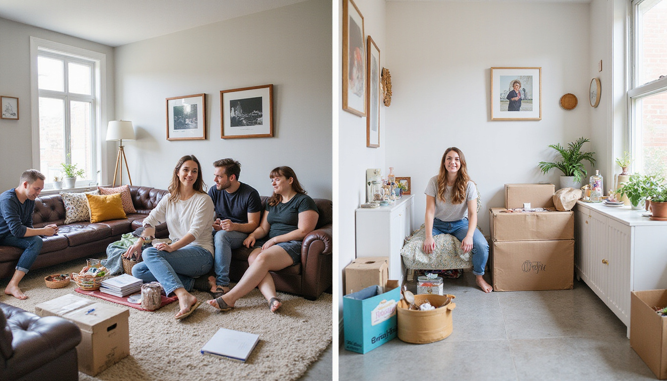 Before-and-after living room split, clutter to minimalist, smiling crew, labeled simple decluttering tips overlay