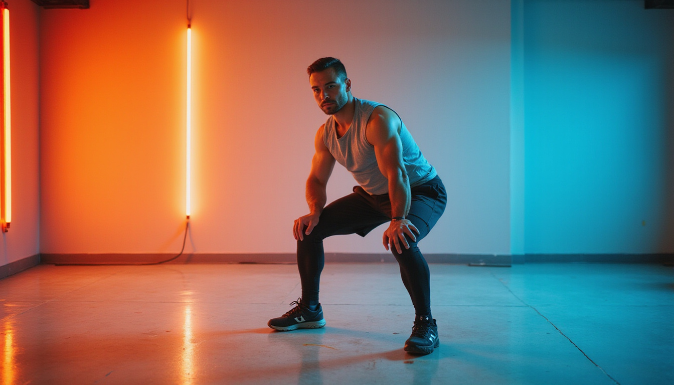  Athletic man performing slow tempo single-leg squat with support, bright gym, pain-free training
