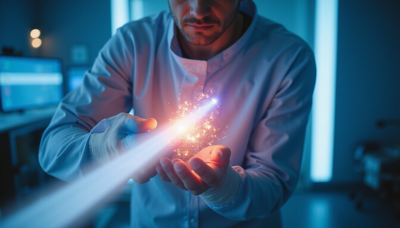  Futuristic surgeon releasing thymosin beta-4 energy beam, scar dissolves, regenerative light, hopeful clinical scene