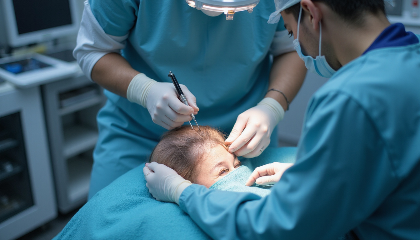  Surgeon performing follicular unit extraction, meticulous hands, futuristic clinic, microscopic graft detail