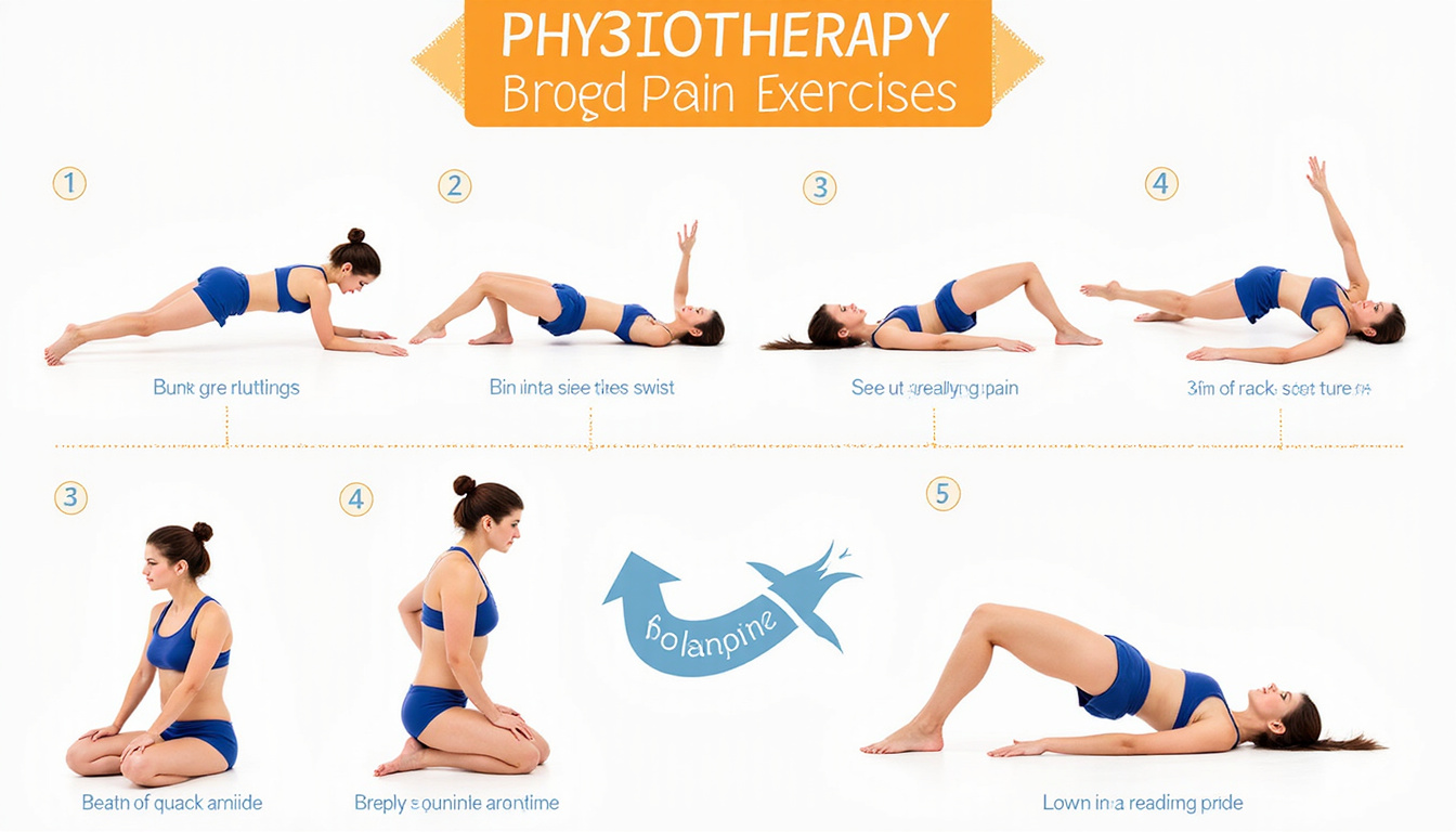 Dynamic sequence of simple physiotherapy exercises for neck pain, step-by-step arrows, infographic style