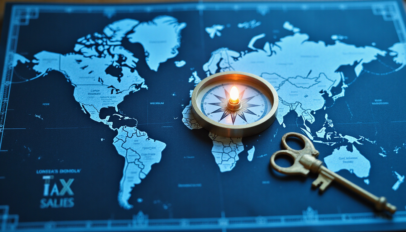  Blueprint map of tax savings, compass pointing to capital gains, glowing key, modern infographic