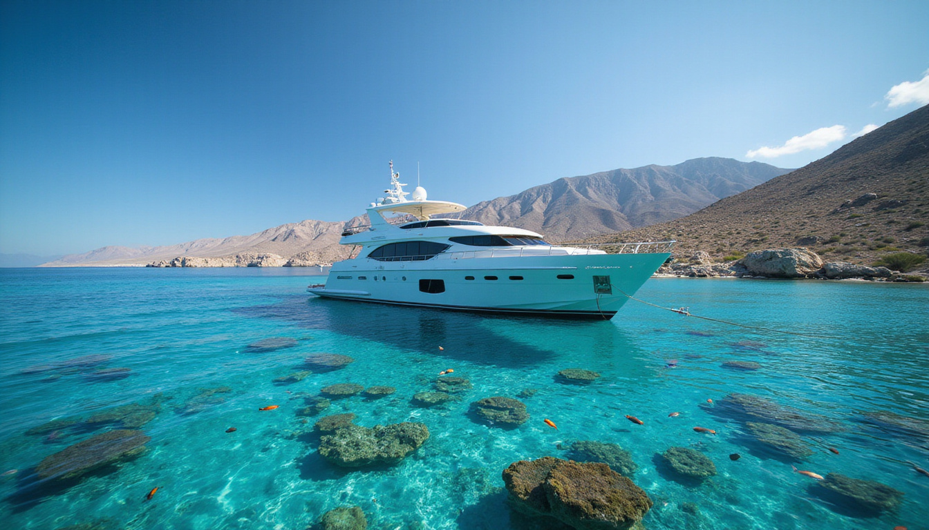  Luxury yacht cruising coral reefs, snorkelers, vibrant fish, desert mountains backdrop, crystal clarity