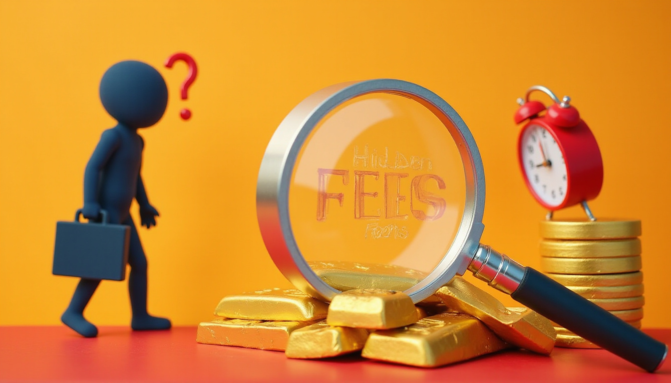 magnifying glass exposing hidden fees etched into gold bar, anxious investor silhouette, red alarm