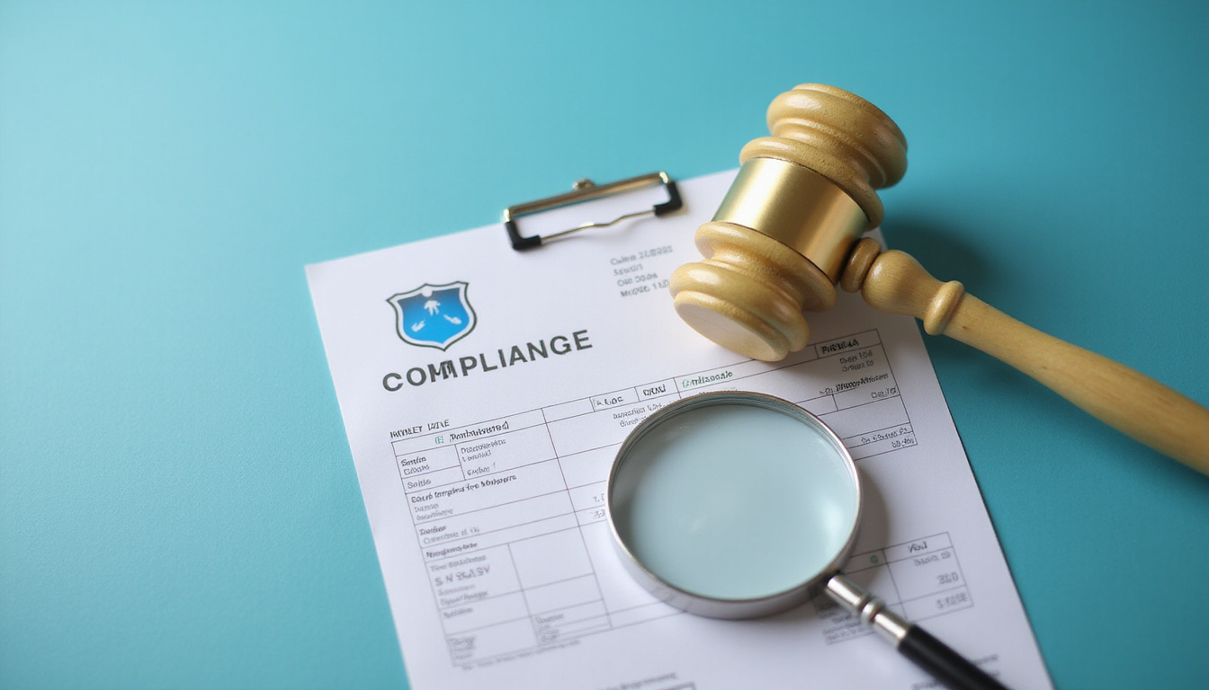  Dramatic compliance shield overlay on healthcare invoice, gold gavel, magnifying glass, high contrast