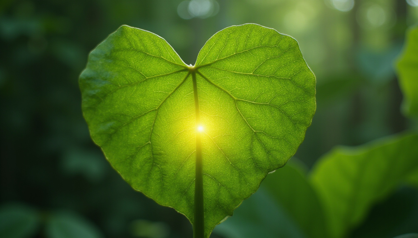  Close-up of heart-shaped peepal leaf emitting healing light, Ayurvedic potions and roots