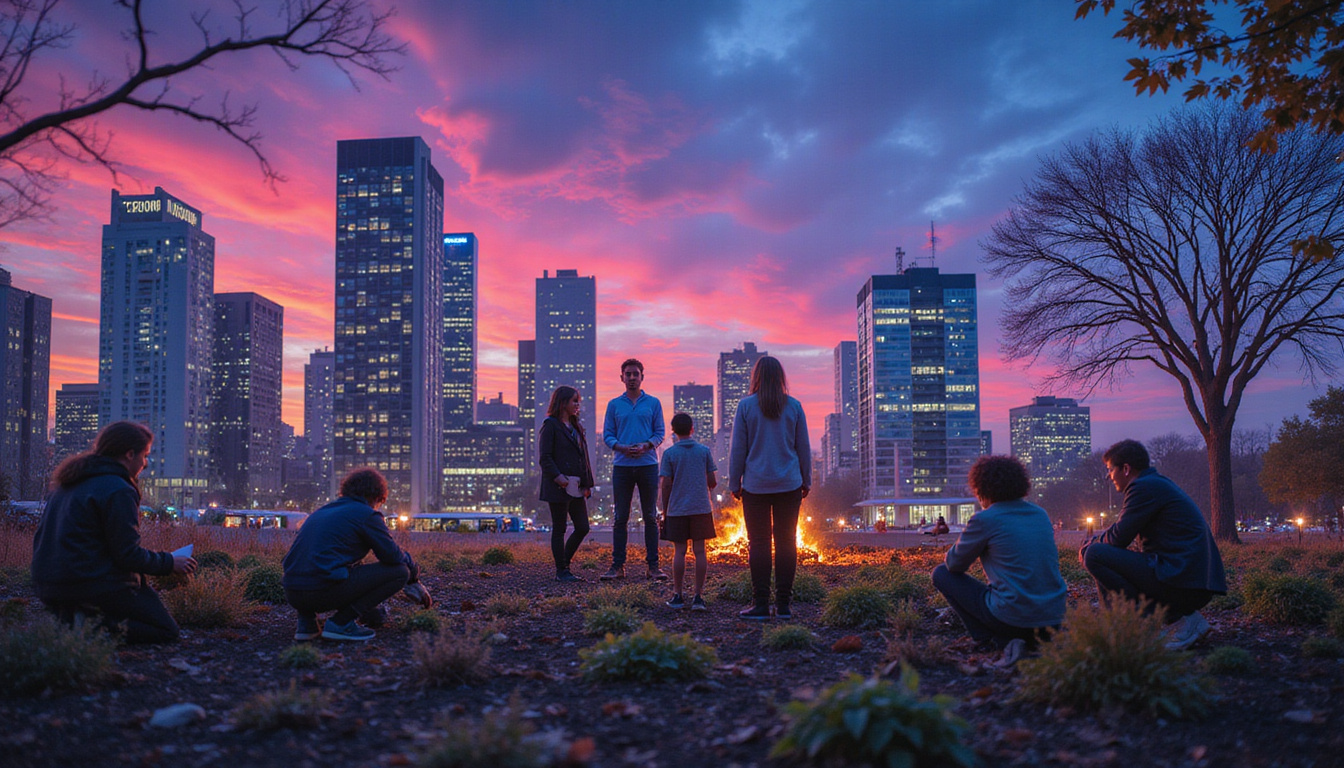 Urban community ritual planting, modern volunteers honoring spirits, neon city skyline behind