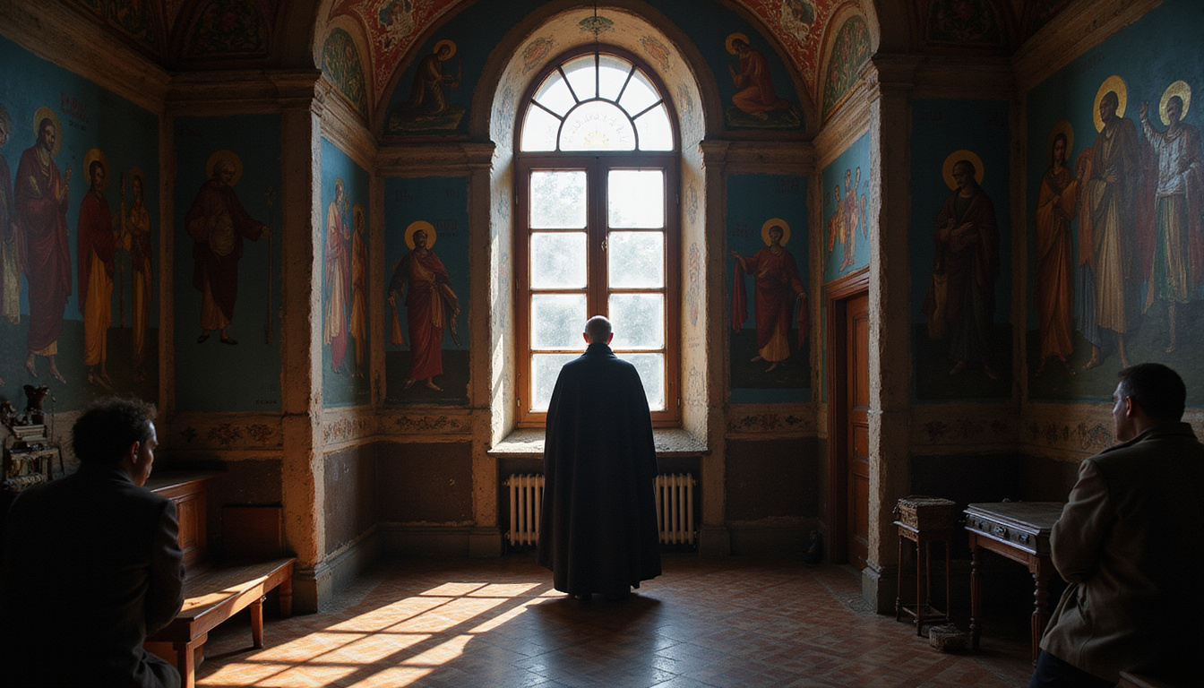 Dim Orthodox church interior, priest silhouette behind screen, soft chiaroscuro, frescoes, hidden theological motifs
