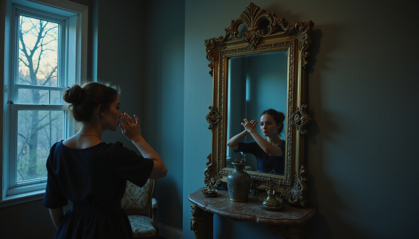 Woman covering mirrors after death, mourning ritual, ornate frames, moonlit Victorian parlor