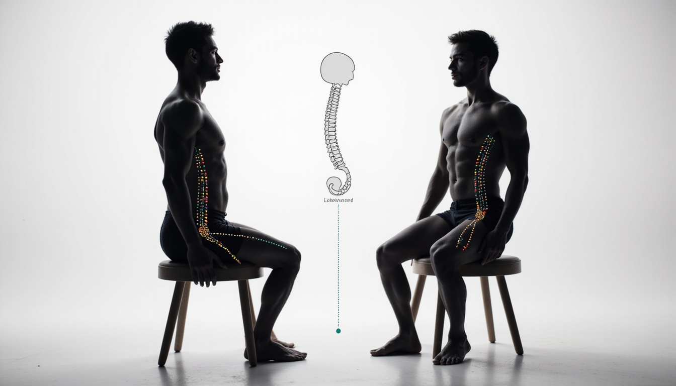  Side view silhouette demonstrating neutral spine, dotted alignment line, modern gym, minimalistic educational poster
