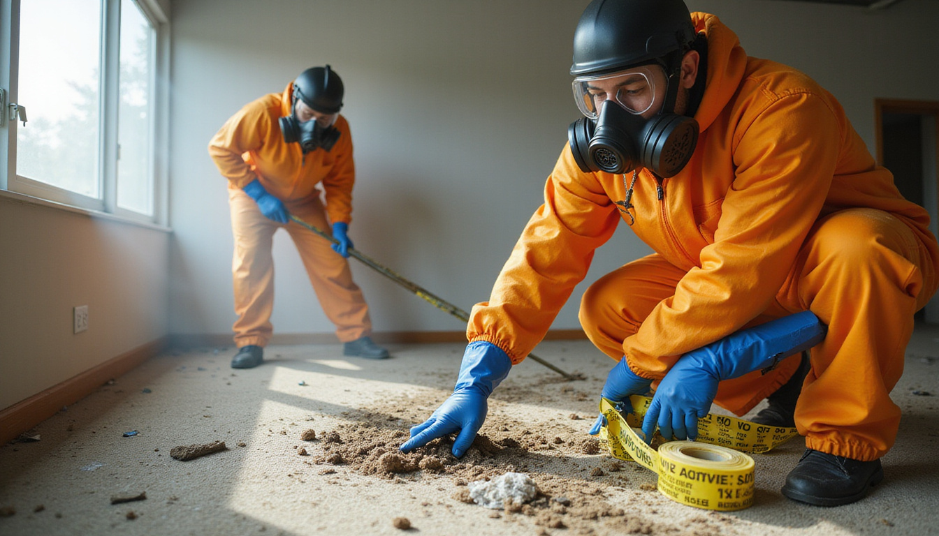 Hazard cleanup team in respirators, removing moldy carpet, bright caution tape, fast-paced urgency