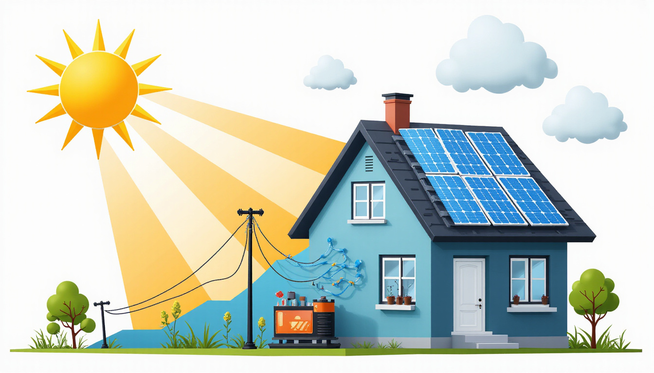 Cutaway infographic of solar panels showing sunlight arcs, optimized wiring, battery storage, descending utility bill graph