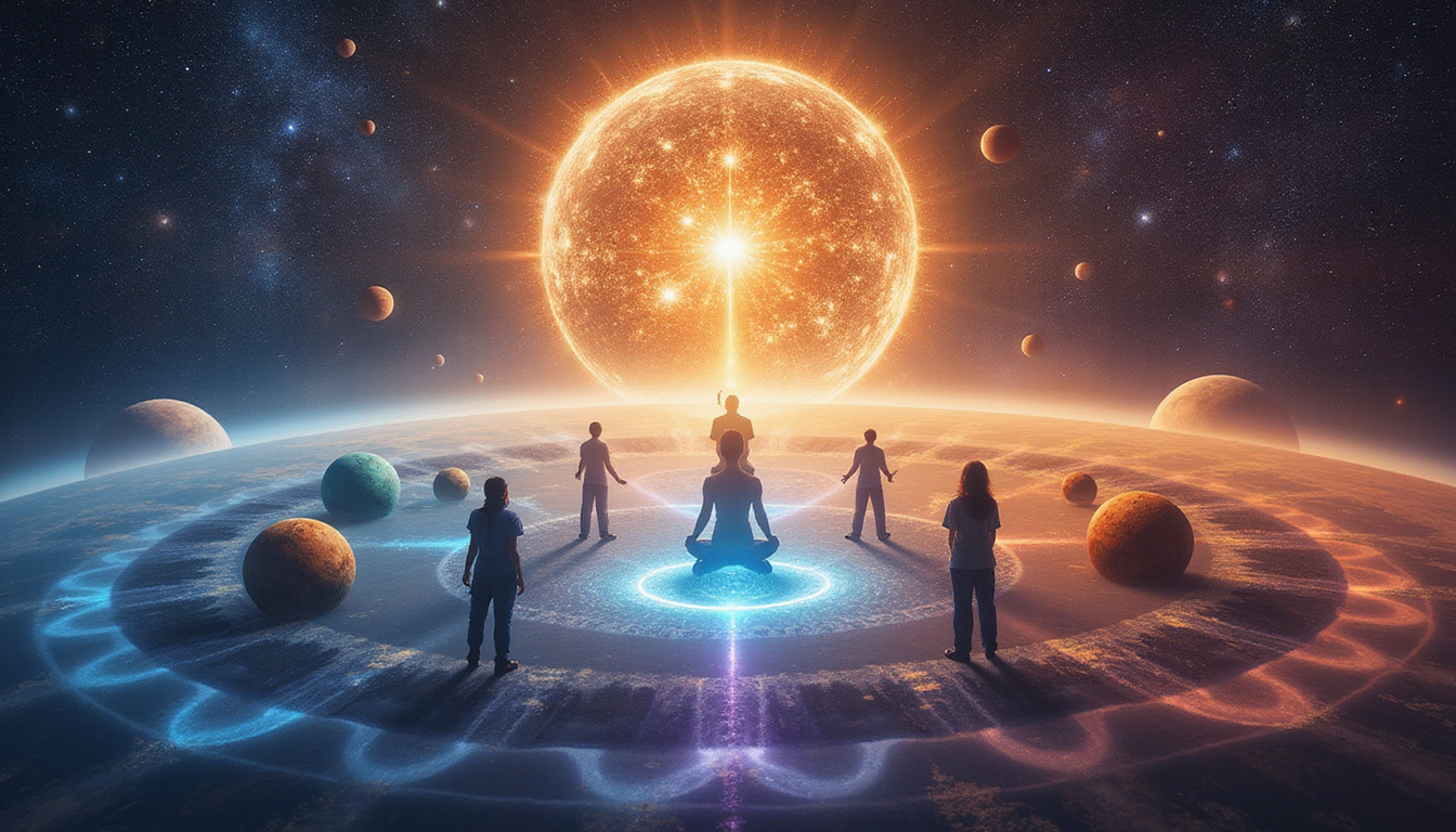 Alchemical montage of planets as archetypal figures, radiant chakras aligning, cosmic transformation aura