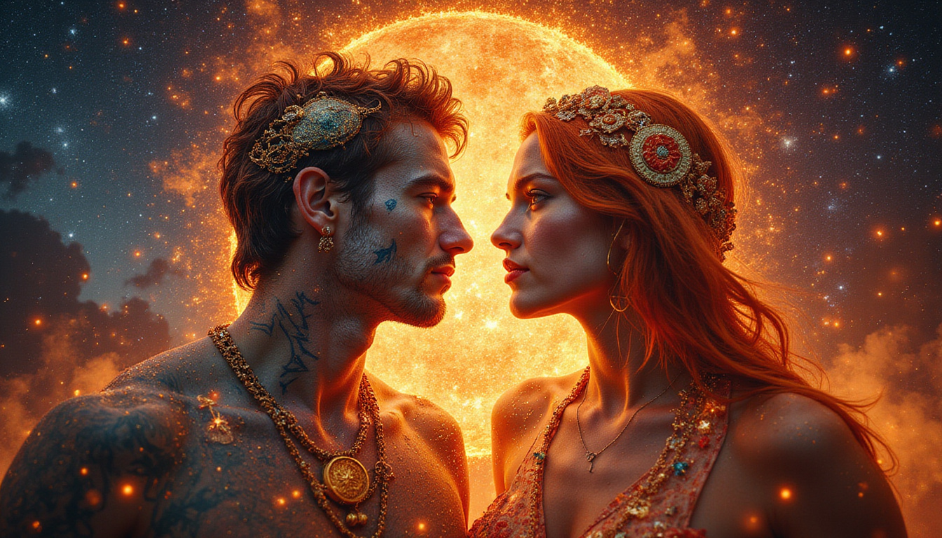 Fiery cosmic tableau of compatible zodiac pairs, sparks, tarot motifs, celestial astrology map, seductive glow