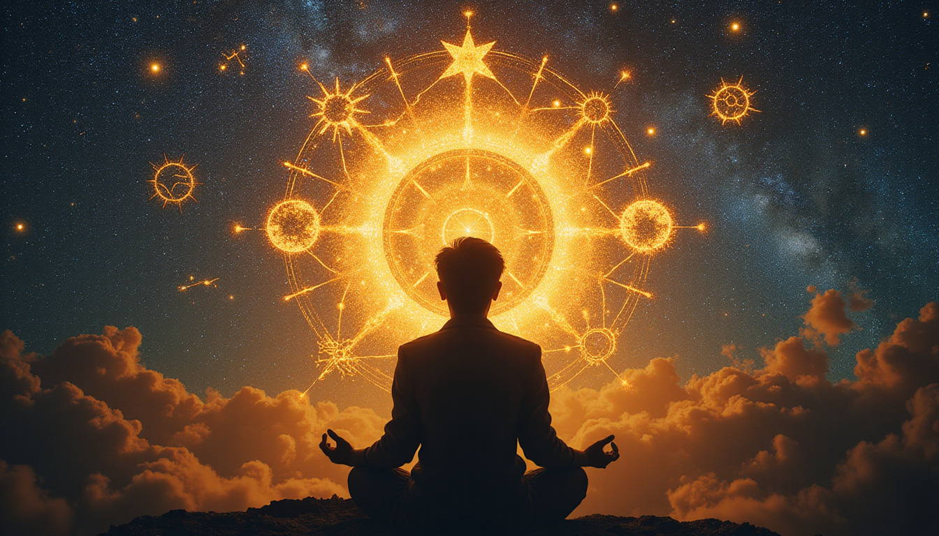 Shadowy figure surrounded by zodiac constellations, fractal therapy symbols, transformative golden light