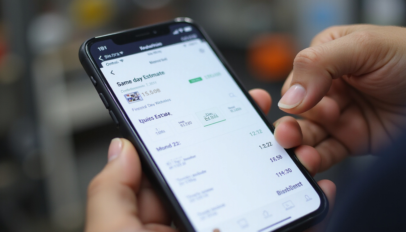 Close-up smartphone screen showing detailed same-day estimate app, mechanic in blurred background