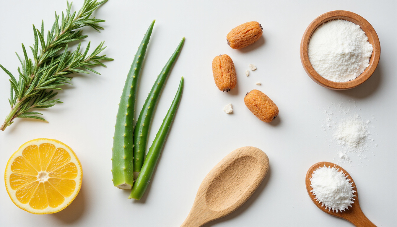  Flat lay of natural remedies for stopping shedding: rosemary, aloe, zinc, balanced diet, soft brush