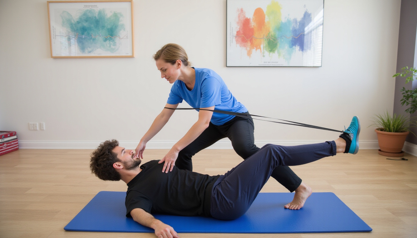 Patient performing controlled hip abductions with theraband, therapist correcting form, progress chart, hopeful recovery vibe