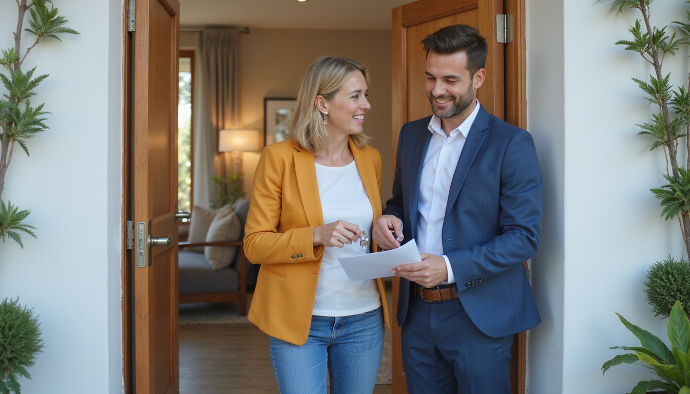 Real estate agent and couple reviewing keys and contract at high-end villa doorstep, smiling