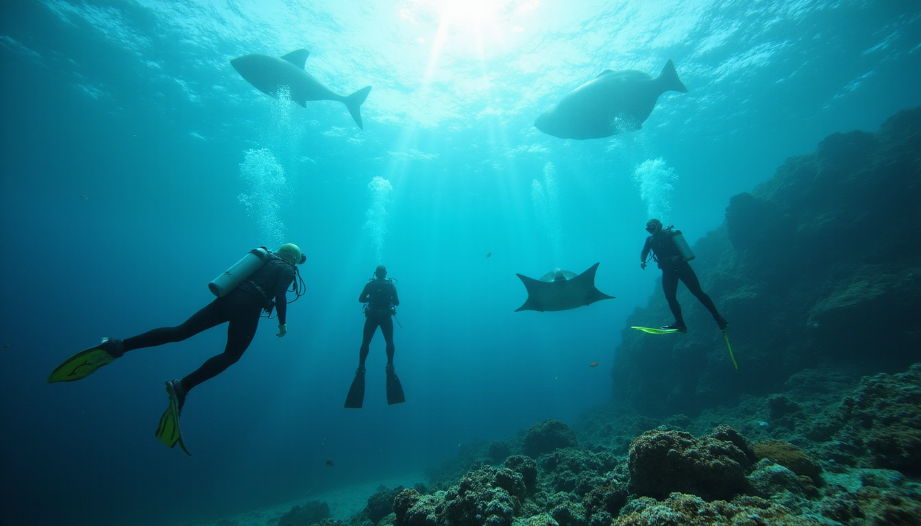  Underwater scene with divers, manta rays swirling, turquoise reef, liveaboard silhouette above