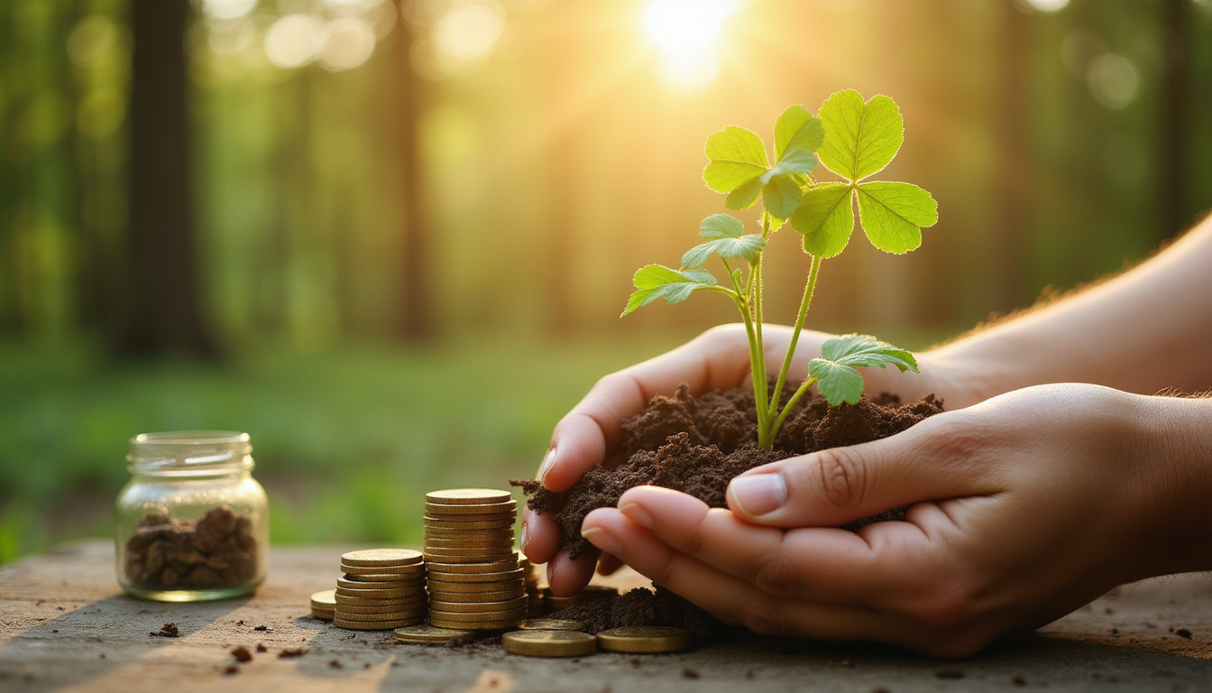 Hands planting a tiny shamrock seed beside lucky coins, warm morning light, rustic jar